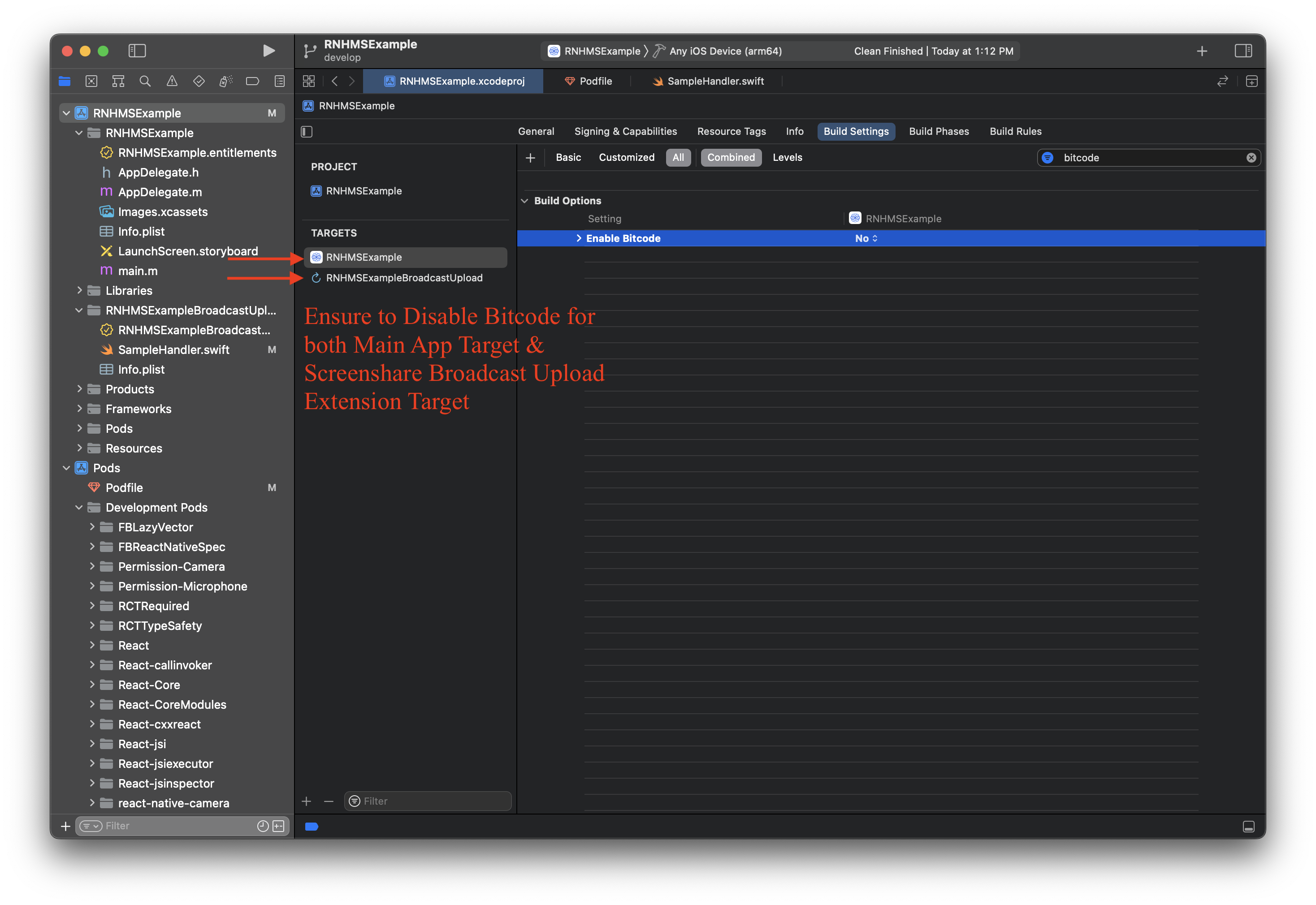 Disable Bitcode in Xcode