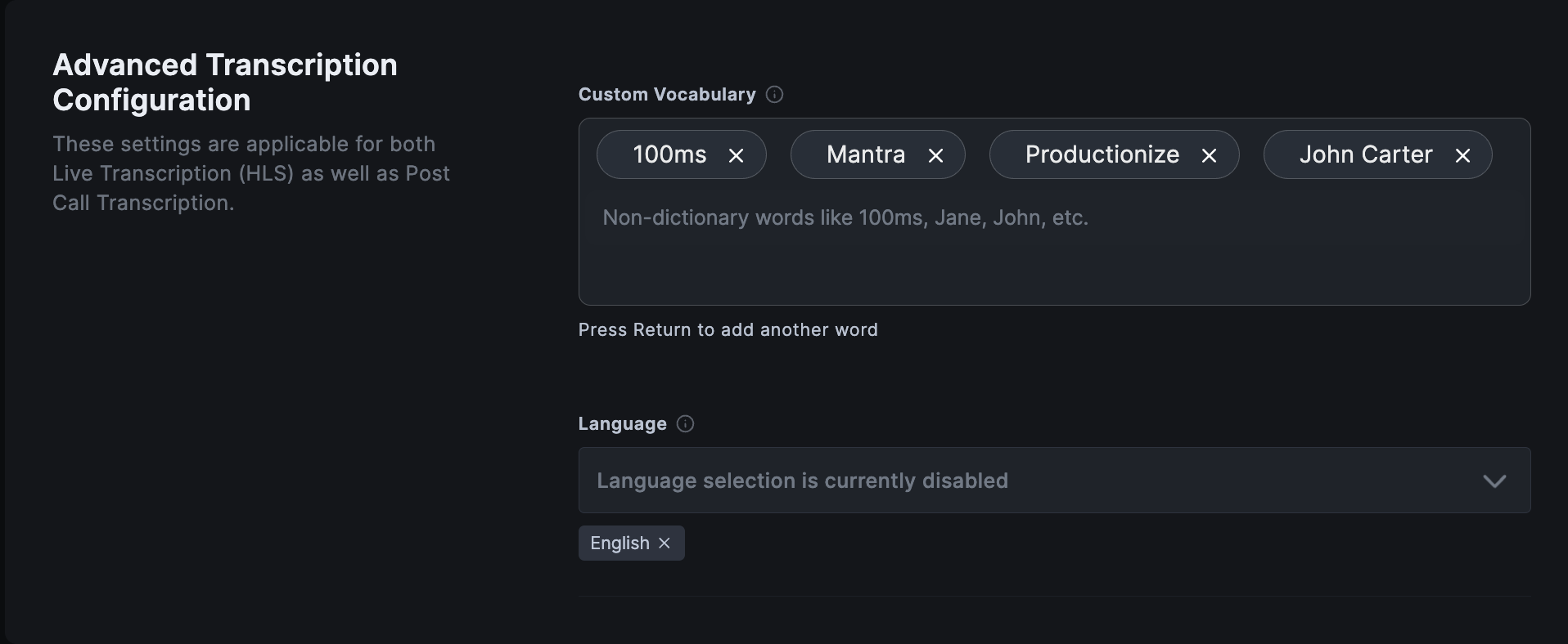 advanced transcription config