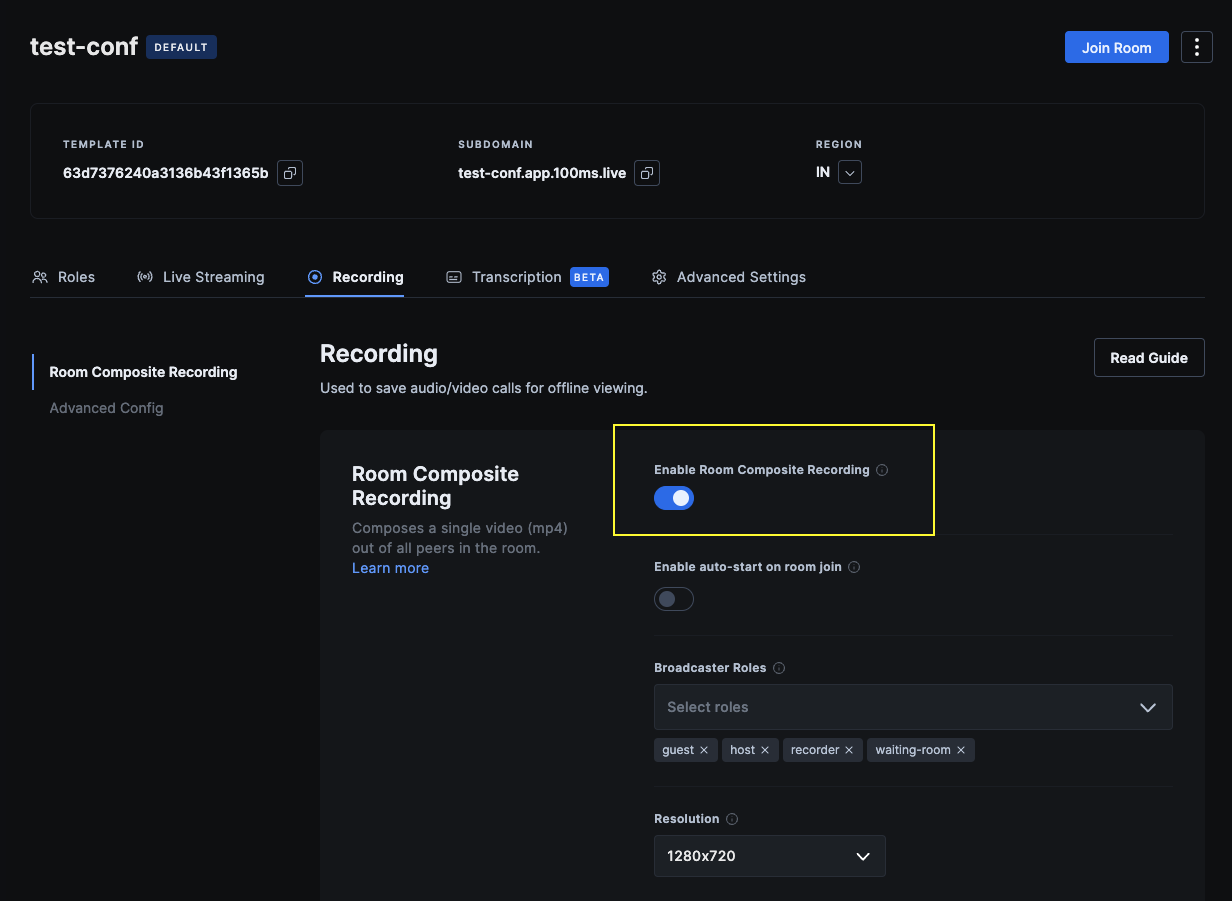 Composite recording on 100ms Dashboard