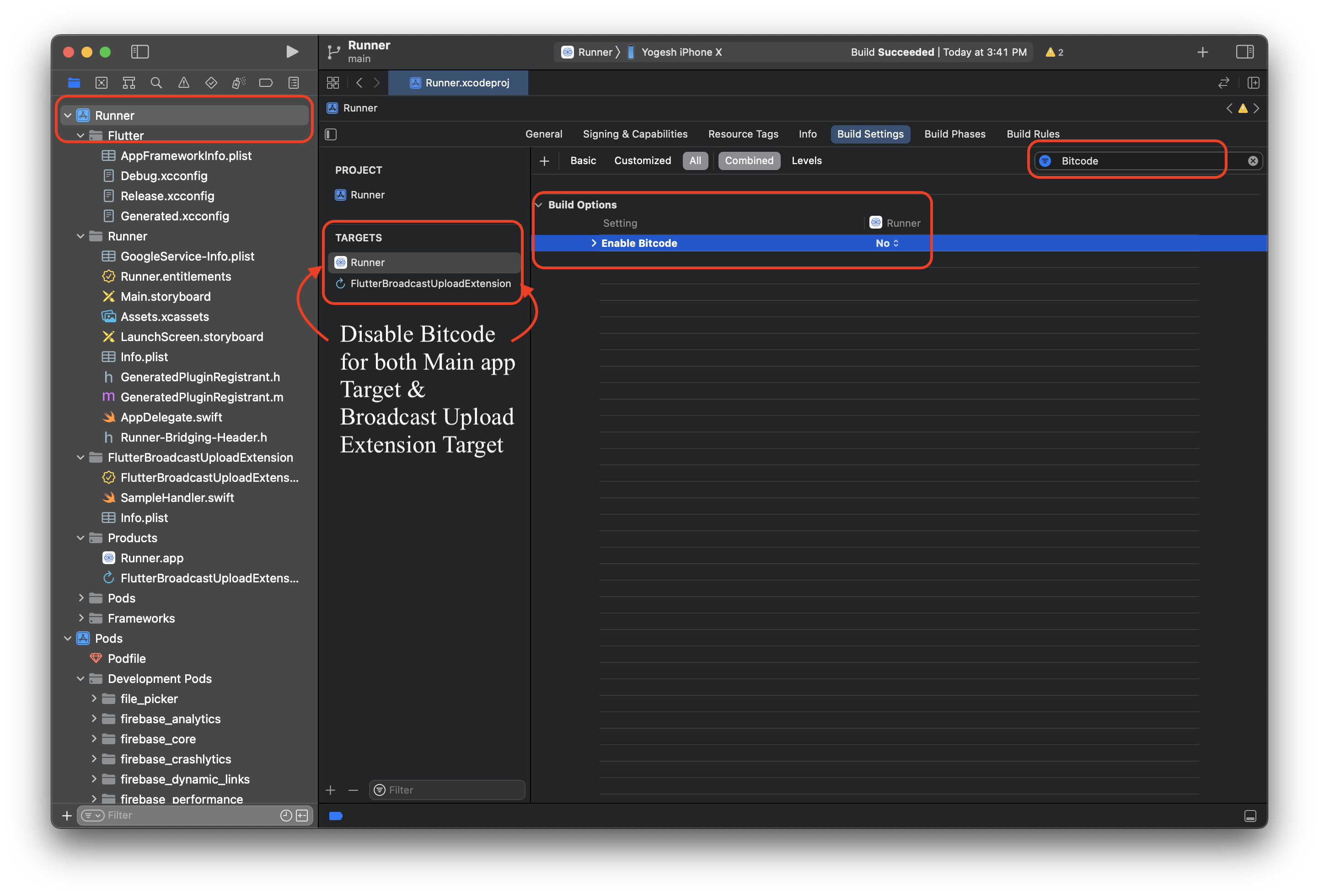 Disable Bitcode in Xcode