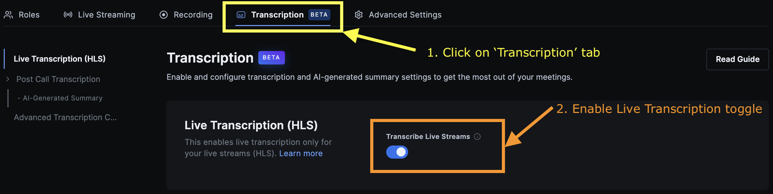 enable live transcription