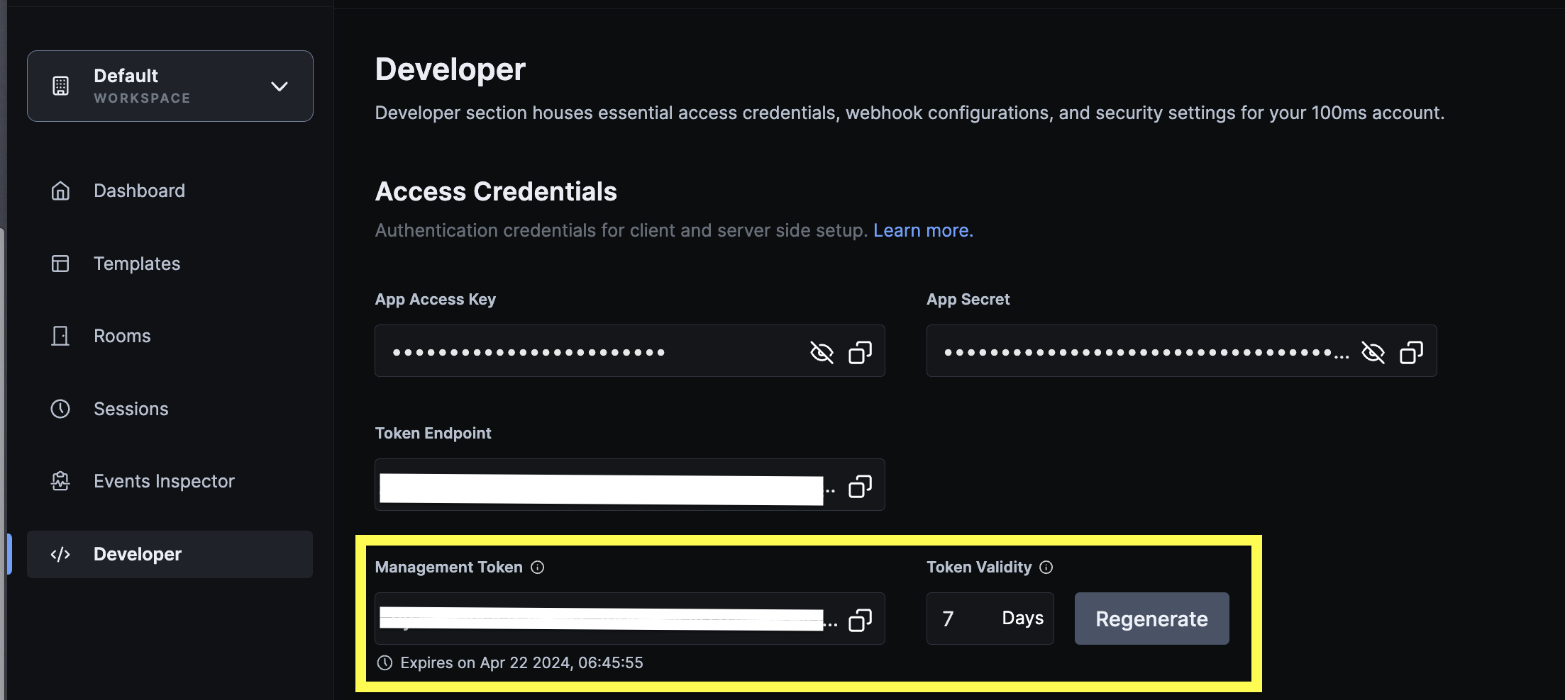 Management Token on Dashboard